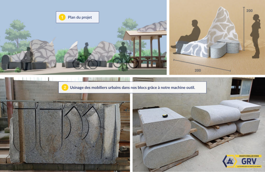 mobilier urbain bancs granit rebillon voirie bretagne bleu de louvigné dalle pavés bordures